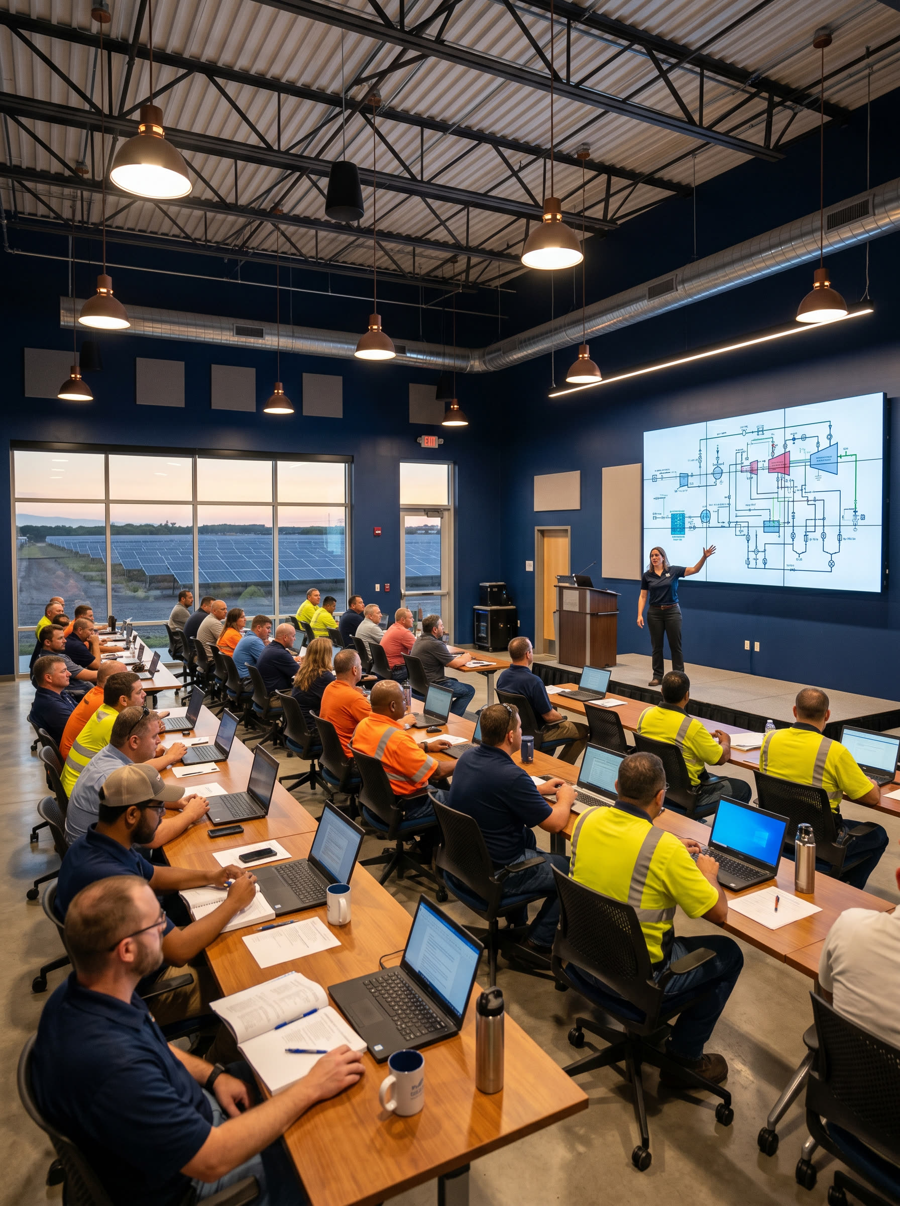 Technicians and supervisors in a modern industrial training classroom watching an instructor present a plant schematic
