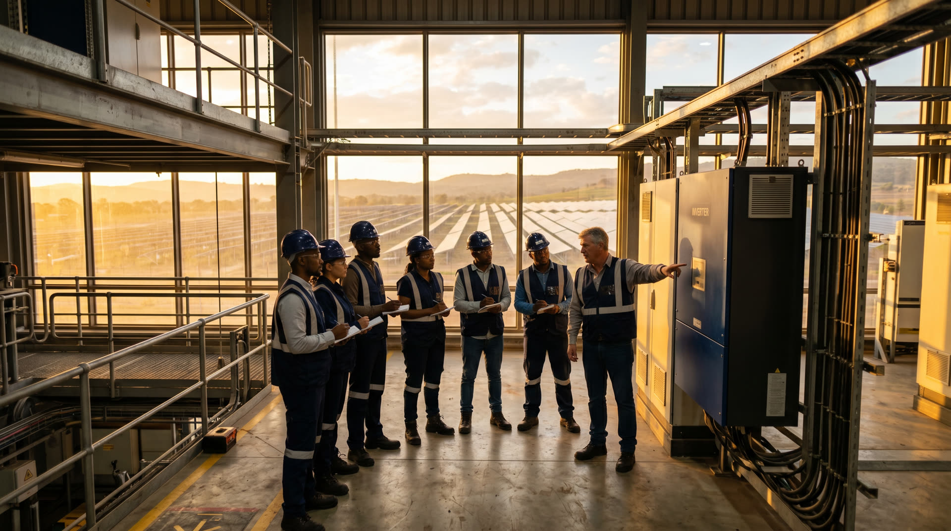 Operators at a renewable energy facility in a training session with an instructor pointing at an inverter cabinet